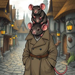 A whimsical and humorous illustration of giant rats stacked on top of each other inside a trench coat, trying to appear as a human in a fantasy-themed setting