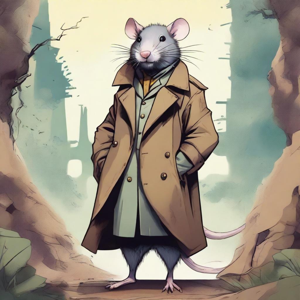 A detailed and vibrant illustration of a giant rat in a trench coat with a fantasy theme