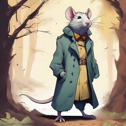 A detailed and vibrant illustration of a giant rat in a trench coat with a fantasy theme