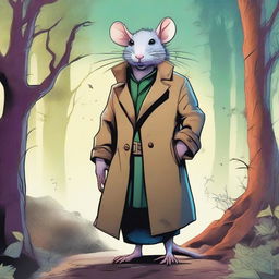 A detailed and vibrant illustration of a giant rat in a trench coat with a fantasy theme