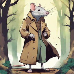 A detailed and vibrant illustration of a giant rat in a trench coat with a fantasy theme