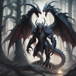 A terrifying demonic black dragon monstrosity with fiendish features, glowing red eyes, dark scales, and numerous spikes and horns