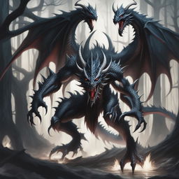 A terrifying demonic black dragon monstrosity with fiendish features, glowing red eyes, dark scales, and numerous spikes and horns