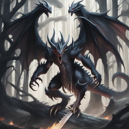 A terrifying demonic black dragon monstrosity with fiendish features, glowing red eyes, dark scales, and numerous spikes and horns