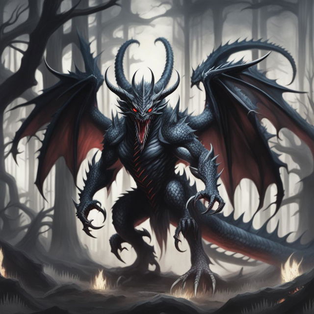 A terrifying demonic black dragon monstrosity with fiendish features, glowing red eyes, dark scales, and numerous spikes and horns