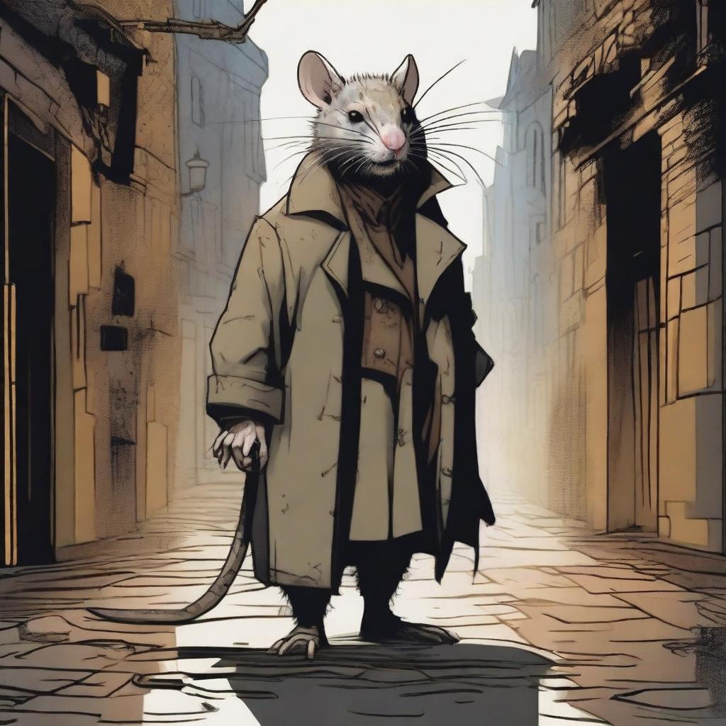 A detailed and gritty illustration of a dirty rat in a trench coat with a fantasy theme