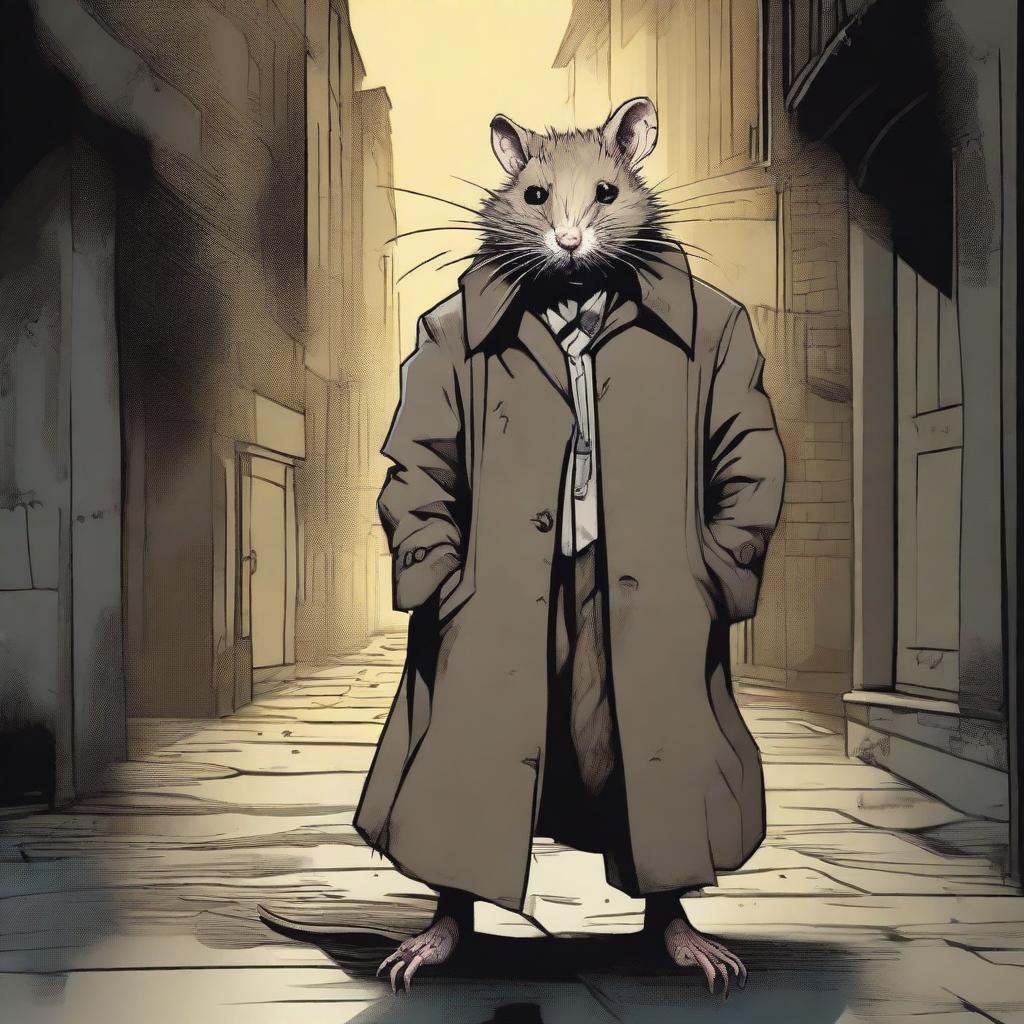 A detailed and gritty illustration of a dirty rat in a trench coat with a fantasy theme