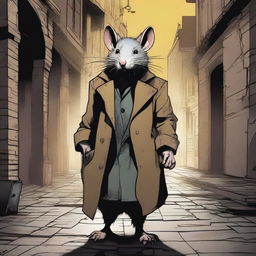 A detailed and gritty illustration of a dirty rat in a trench coat with a fantasy theme