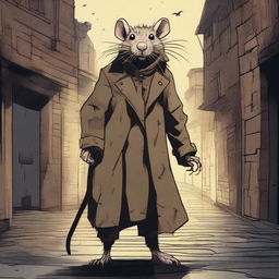 A detailed and gritty illustration of a dirty rat in a trench coat with a fantasy theme