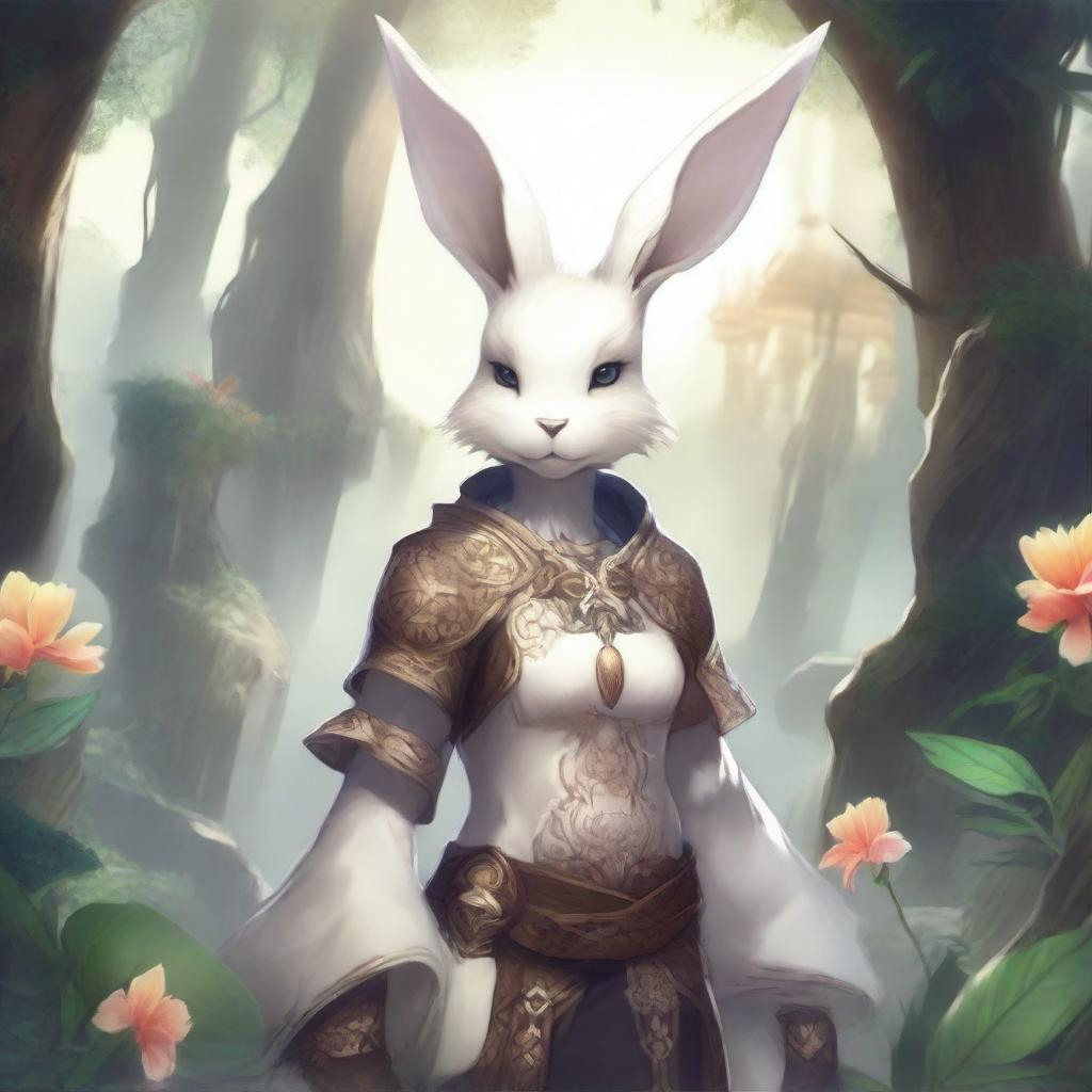 A detailed and vibrant illustration of a Viera character from Final Fantasy XIV