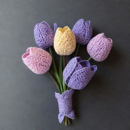 A bouquet of three crocheted tulips in pastel purple color wrapped in a dark purple cover.