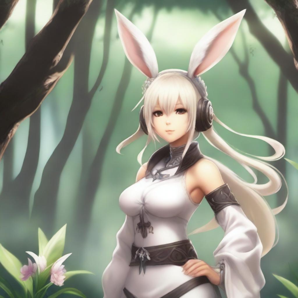 A detailed and vibrant illustration of a Viera character from Final Fantasy XIV