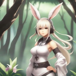 A detailed and vibrant illustration of a Viera character from Final Fantasy XIV