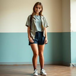 A young woman of about 23 years old dressed as a schoolgirl