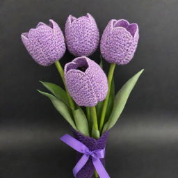 A bouquet of three crocheted tulips in pastel purple color wrapped in a dark purple cover.