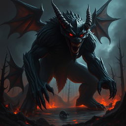 A terrifying fiendish hulking abomination with monstrous features, glowing red eyes, and dark, menacing skin