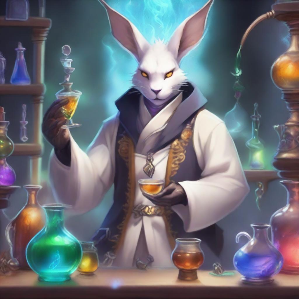 A detailed and vibrant illustration of a male Viera character from Final Fantasy XIV as an alchemist