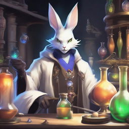 A detailed and vibrant illustration of a male Viera character from Final Fantasy XIV as an alchemist