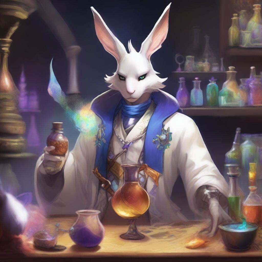 A detailed and vibrant illustration of a male Viera character from Final Fantasy XIV as an alchemist