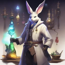 A detailed and vibrant illustration of a male Viera character from Final Fantasy XIV as an alchemist