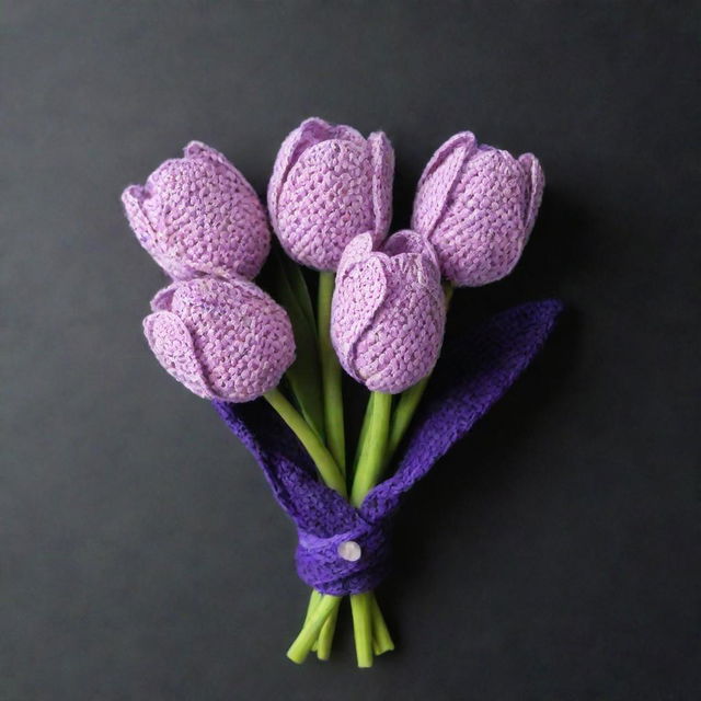 A bouquet of three crocheted tulips in pastel purple color wrapped in a dark purple cover.