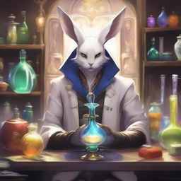 A detailed and vibrant illustration of a male Viera character from Final Fantasy XIV as an alchemist