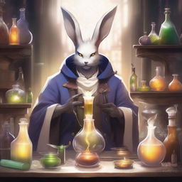 A detailed and vibrant illustration of a male Viera character from Final Fantasy XIV as an alchemist