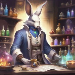 A detailed and vibrant illustration of a male Viera character from Final Fantasy XIV as an alchemist