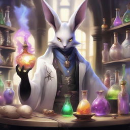 A detailed and vibrant illustration of a male Viera character from Final Fantasy XIV as an alchemist