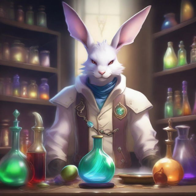 A detailed and vibrant illustration of a male Viera character from Final Fantasy XIV as an alchemist