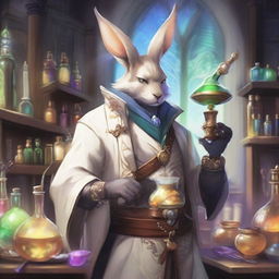 A detailed and vibrant illustration of a male Viera character from Final Fantasy XIV as an alchemist