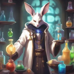 A detailed and vibrant illustration of a male Viera character from Final Fantasy XIV as an alchemist