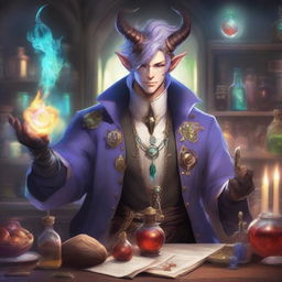 A detailed and vibrant illustration of a male Au Ra character from Final Fantasy XIV as an alchemist