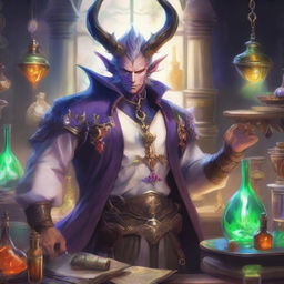 A detailed and vibrant illustration of a male Au Ra character from Final Fantasy XIV as an alchemist