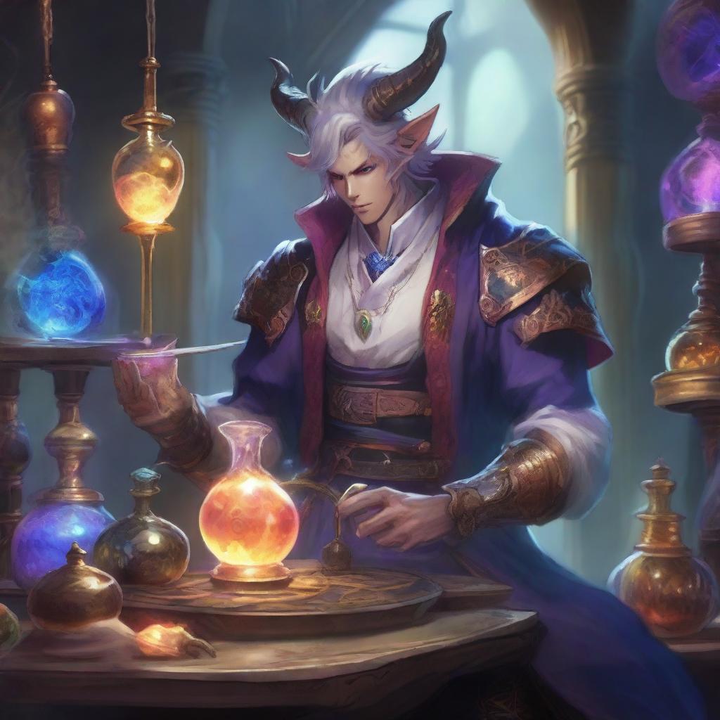 A detailed and vibrant illustration of a male Au Ra character from Final Fantasy XIV as an alchemist