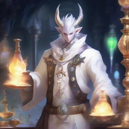 A detailed and vibrant illustration of a male Au Ra character from Final Fantasy XIV dressed in white alchemist attire