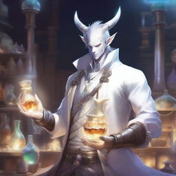 A detailed and vibrant illustration of a male Au Ra character from Final Fantasy XIV dressed in white alchemist attire