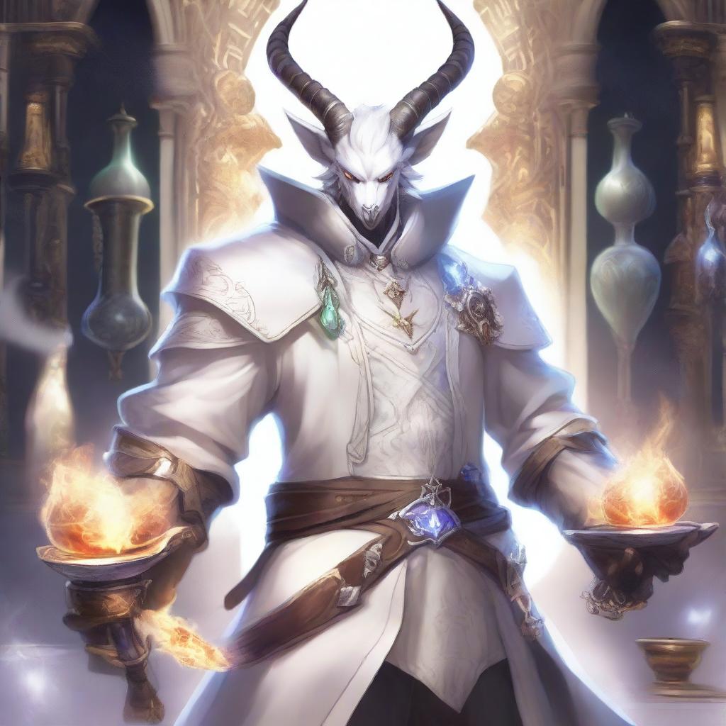 A detailed and vibrant illustration of a male Au Ra character from Final Fantasy XIV dressed in white alchemist attire