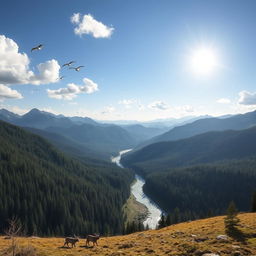 A beautiful landscape with mountains, forests, and a river flowing through the valley