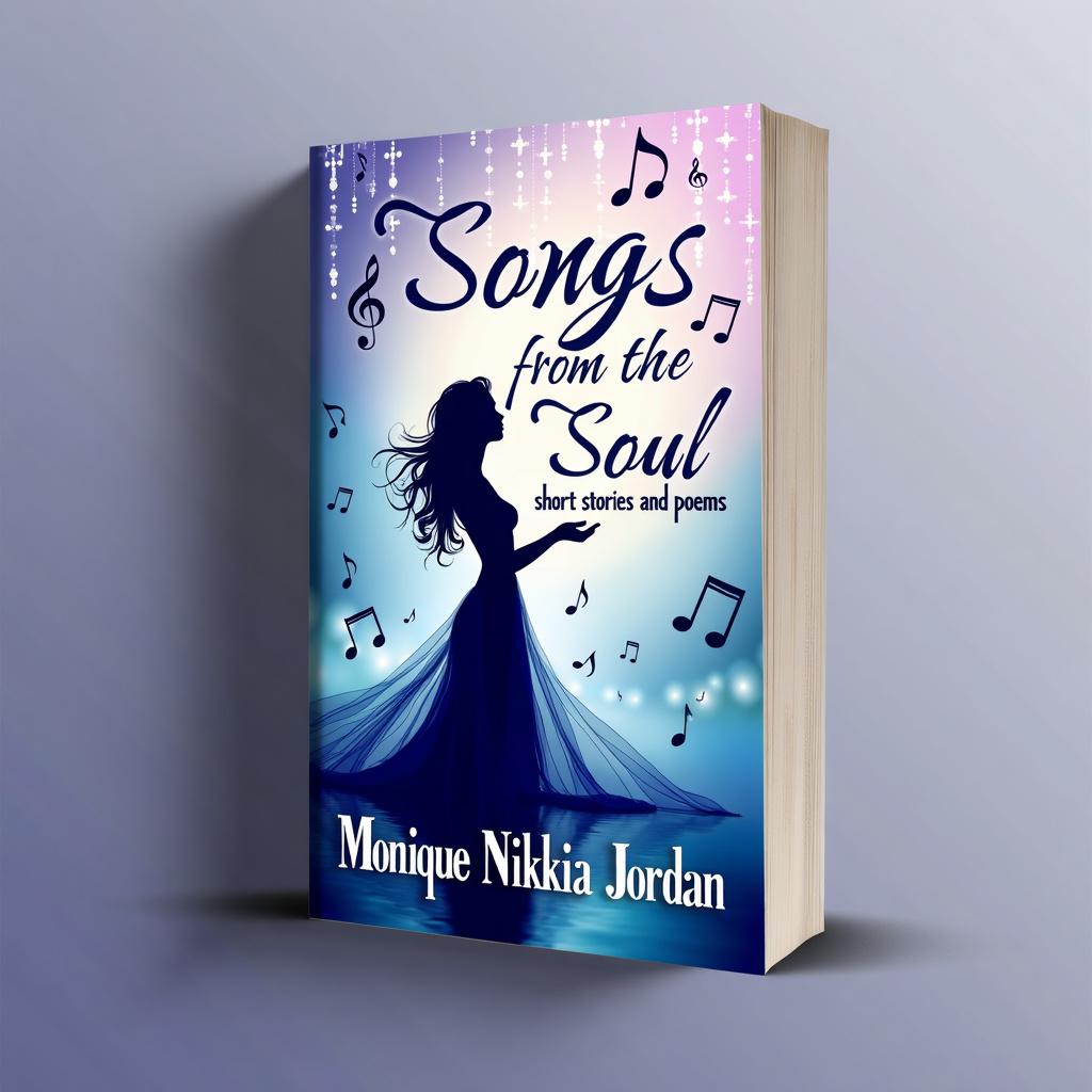 Design a book cover for 'Songs from the Soul; short stories and poems' by Monique Nikki Jordan featuring a lady silhouette and music notes on a soft gradient background in blue and purple, with an elegant and reflective aesthetic