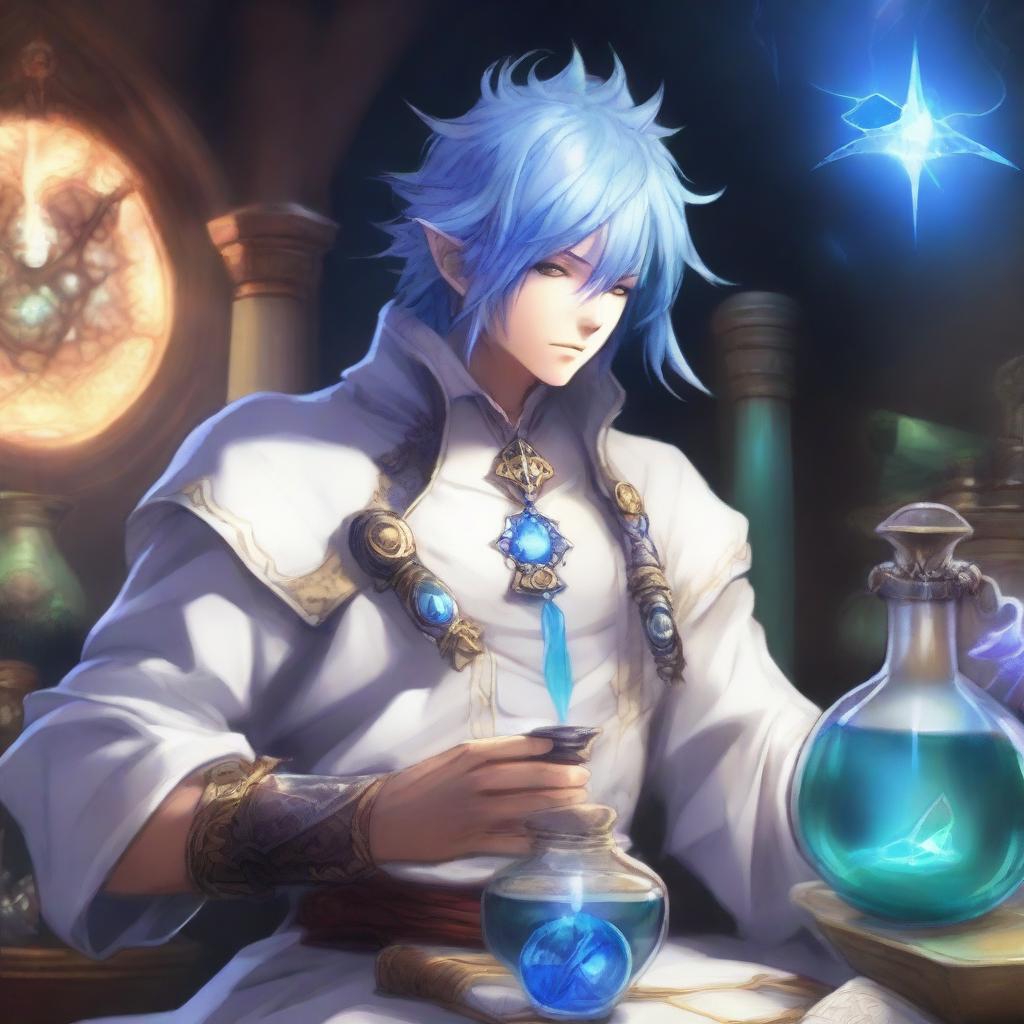 A detailed and vibrant illustration of a male Au Ra character from Final Fantasy XIV with blue hair, dressed in white alchemist attire