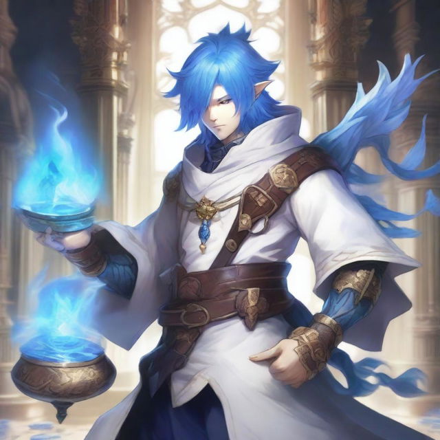 A detailed and vibrant illustration of a male Au Ra character from Final Fantasy XIV with blue hair, dressed in white alchemist attire