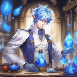 A detailed and vibrant illustration of a male Au Ra character from Final Fantasy XIV with blue hair, dressed in white alchemist attire