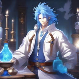 A detailed and vibrant illustration of a male Au Ra character from Final Fantasy XIV with blue hair, dressed in white alchemist attire