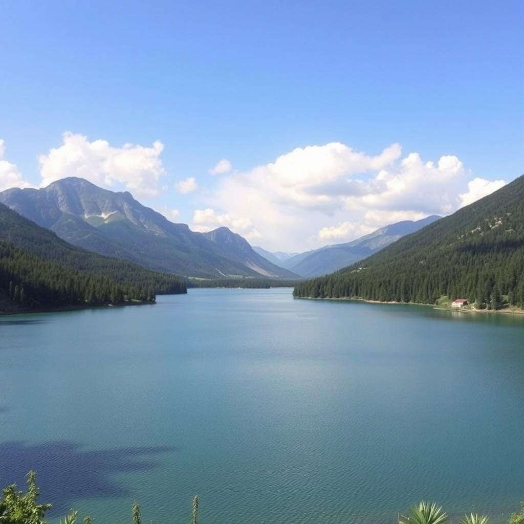 A beautiful landscape featuring a serene lake surrounded by mountains and lush trees