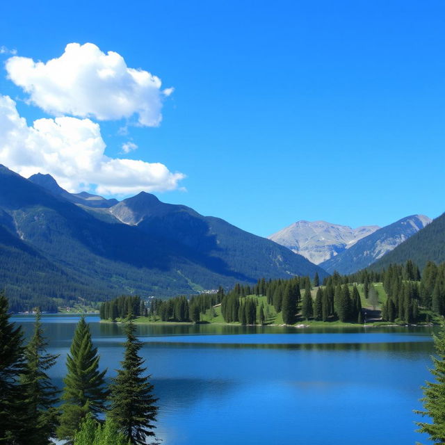 A beautiful landscape featuring a serene lake surrounded by mountains and lush trees