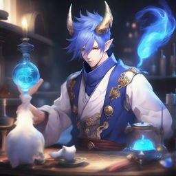 A detailed and vibrant illustration of a male Au Ra character from Final Fantasy XIV as an alchemist