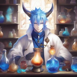 A detailed and vibrant illustration of a male Au Ra character from Final Fantasy XIV as an alchemist