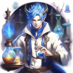 A detailed and vibrant illustration of a male Au Ra character from Final Fantasy XIV as an alchemist