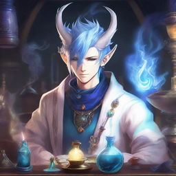 A detailed and vibrant illustration of a male Au Ra character from Final Fantasy XIV as an alchemist